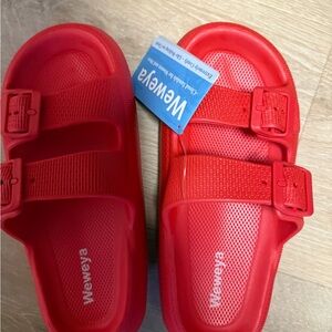 Women's Red Double-Buckle Slide Sandals